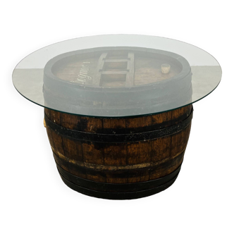 Cognac barrel table, wood and glass