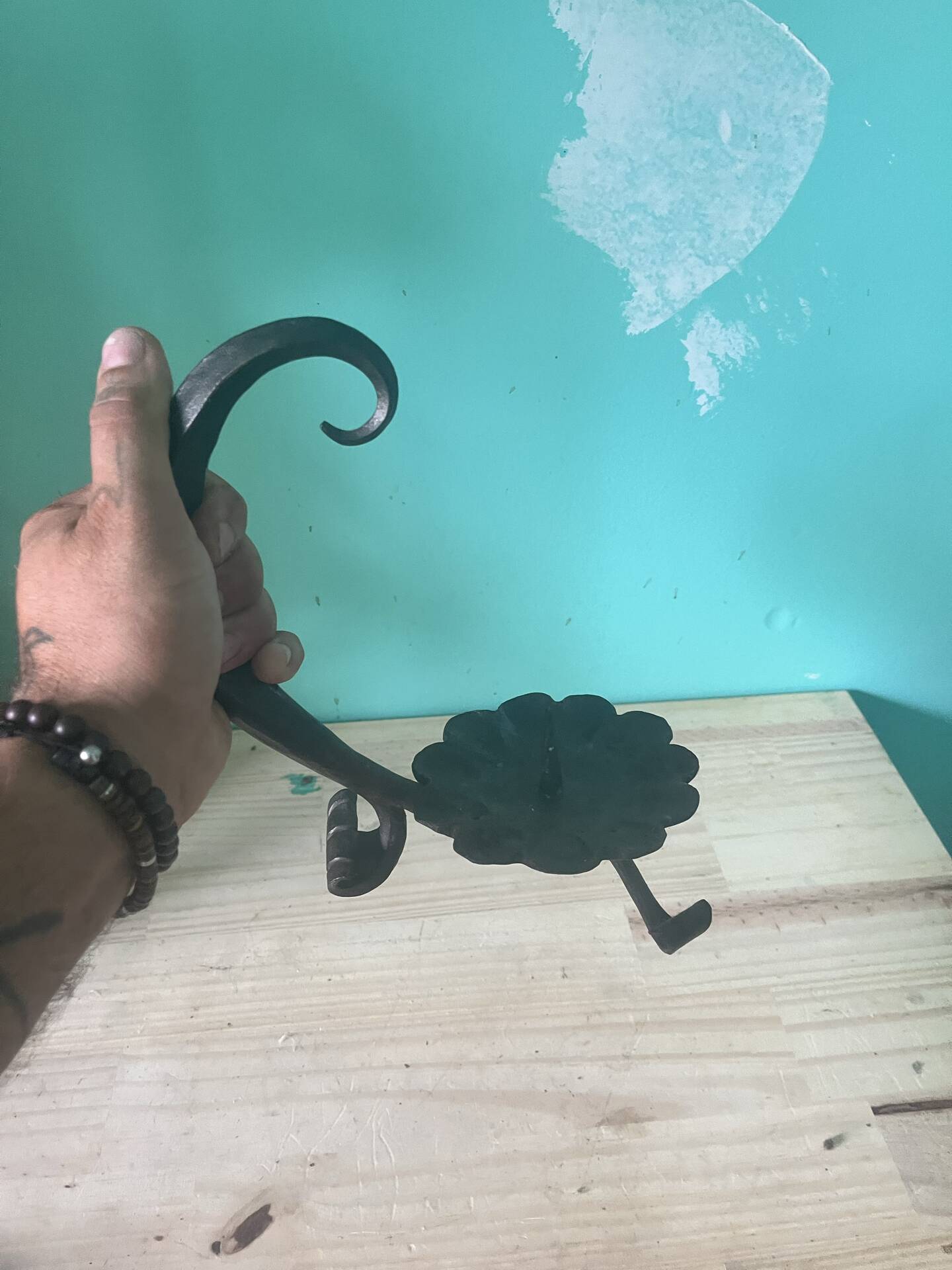 Vintage wrought iron candlestick holder — Scroll handle — Rustic decor