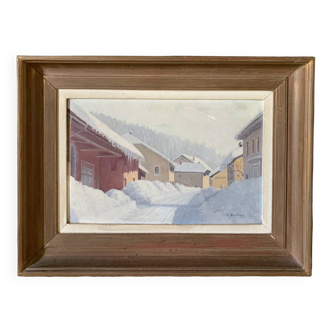 Tableau ancien village sous la neige