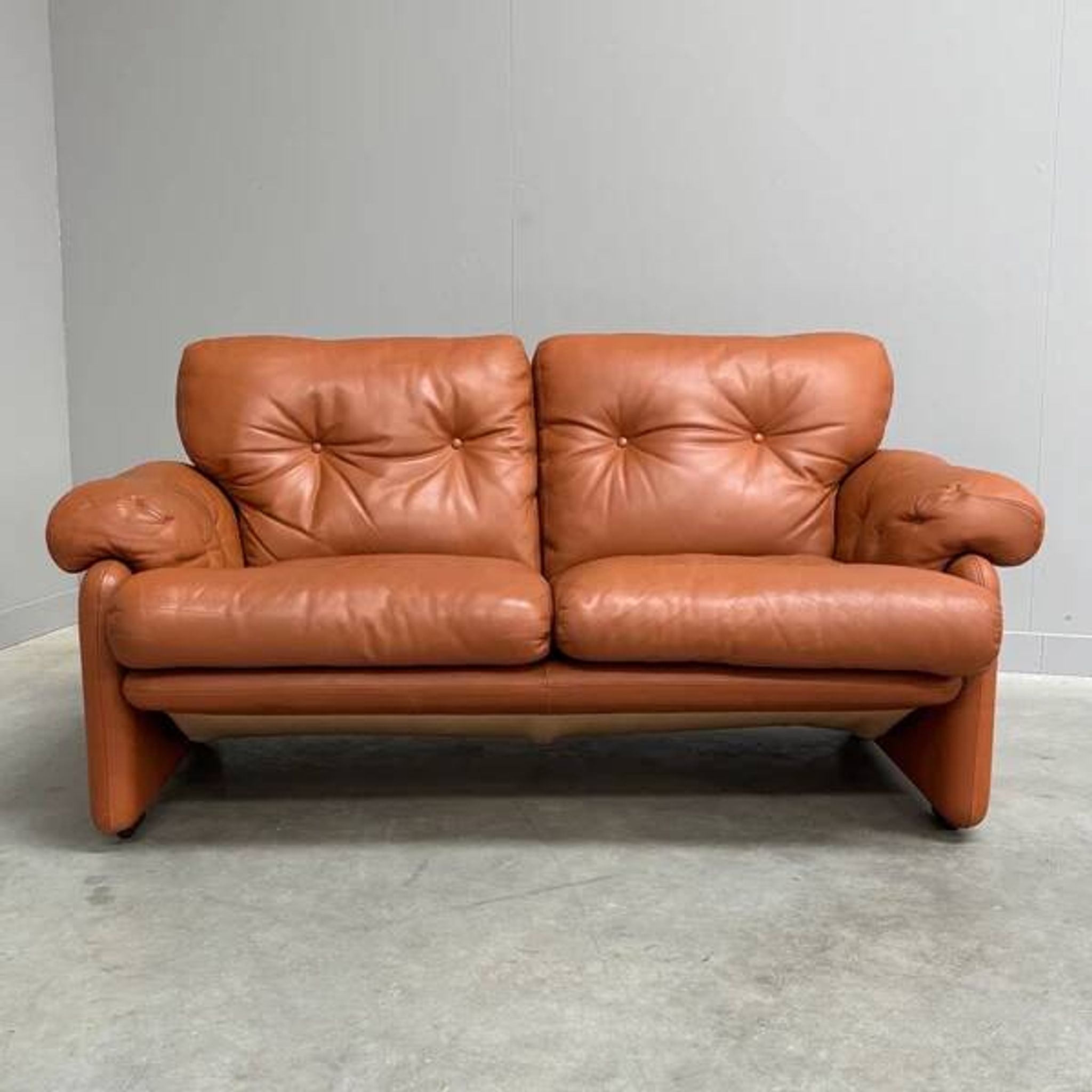 Cognac leather Coronado 2 seat sofa by B&B Italia, Italy 1960s