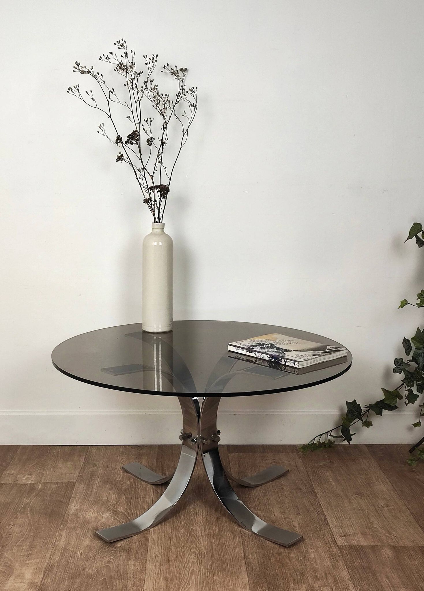 Chromed metal and smoked glass coffee table, 1970s