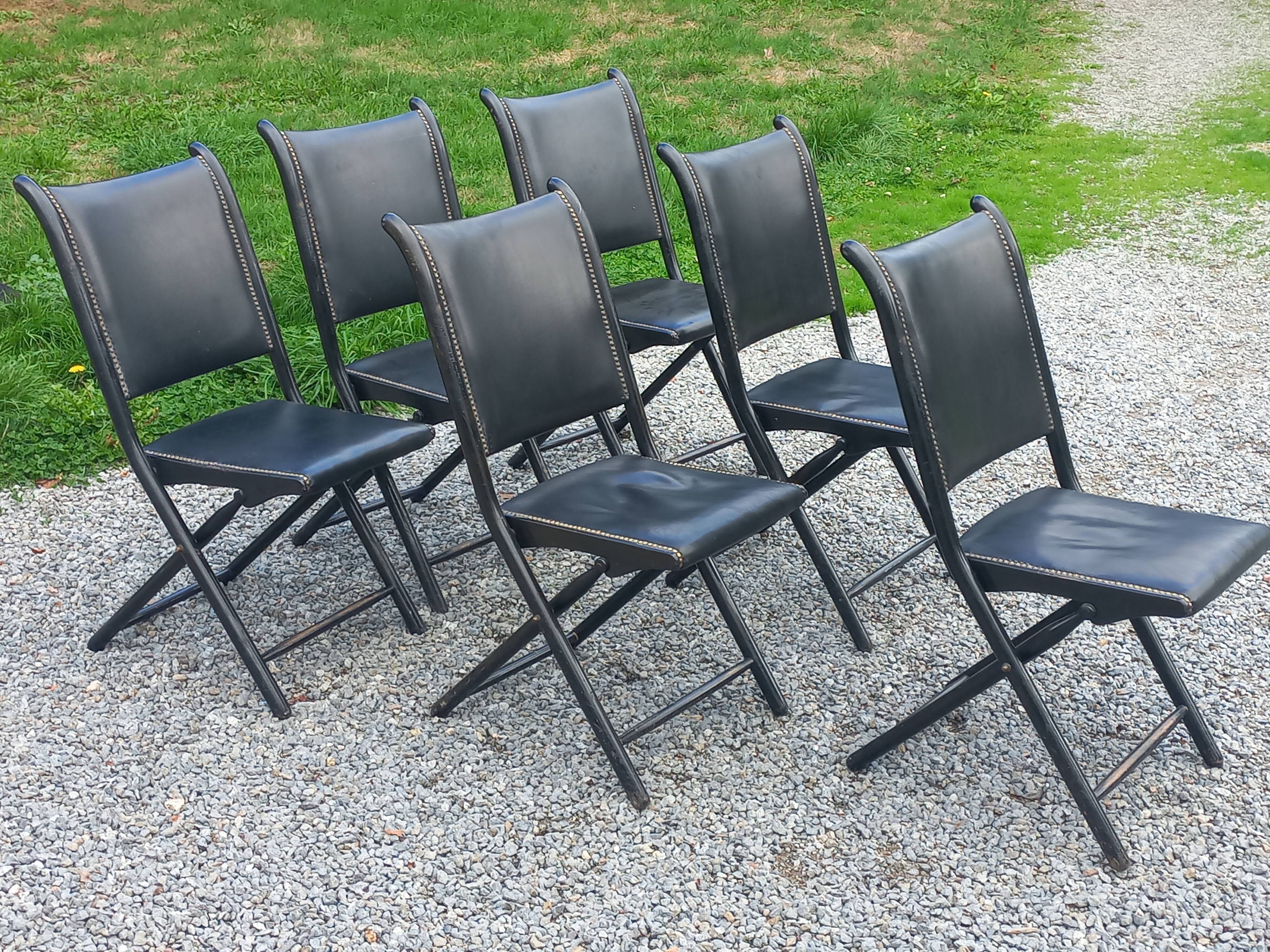 Set of 6 folding chairs, 70s design, 3 leather, 3 moleskin