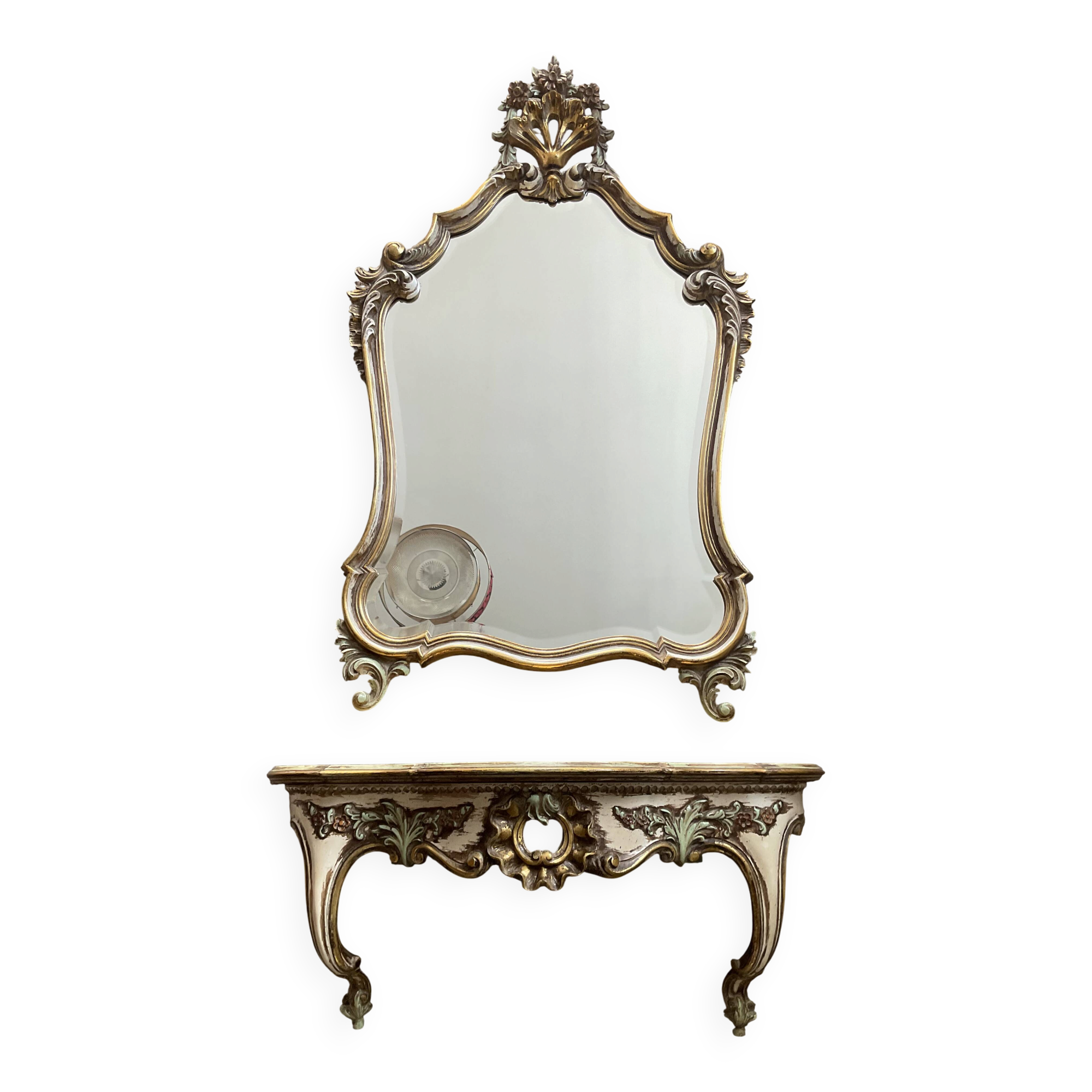 Ancien miroir et console murale en bois sculpté