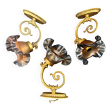 Set of 3 Glass Paste and Brass Wall Lights Signed Vianne Art Nouveau