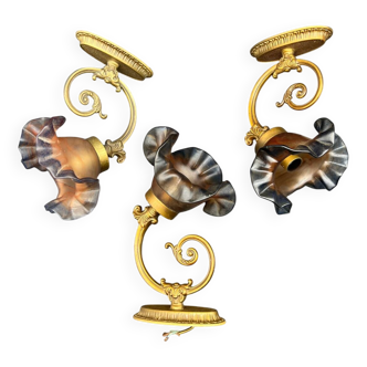 Set of 3 Glass Paste and Brass Wall Lights Signed Vianne Art Nouveau