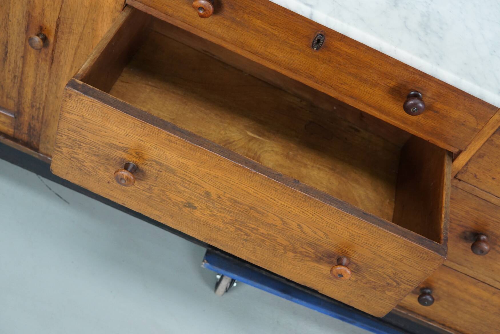 Large Antique Art Deco German Oak & Marble Chocolate Shop Counter, 1920s