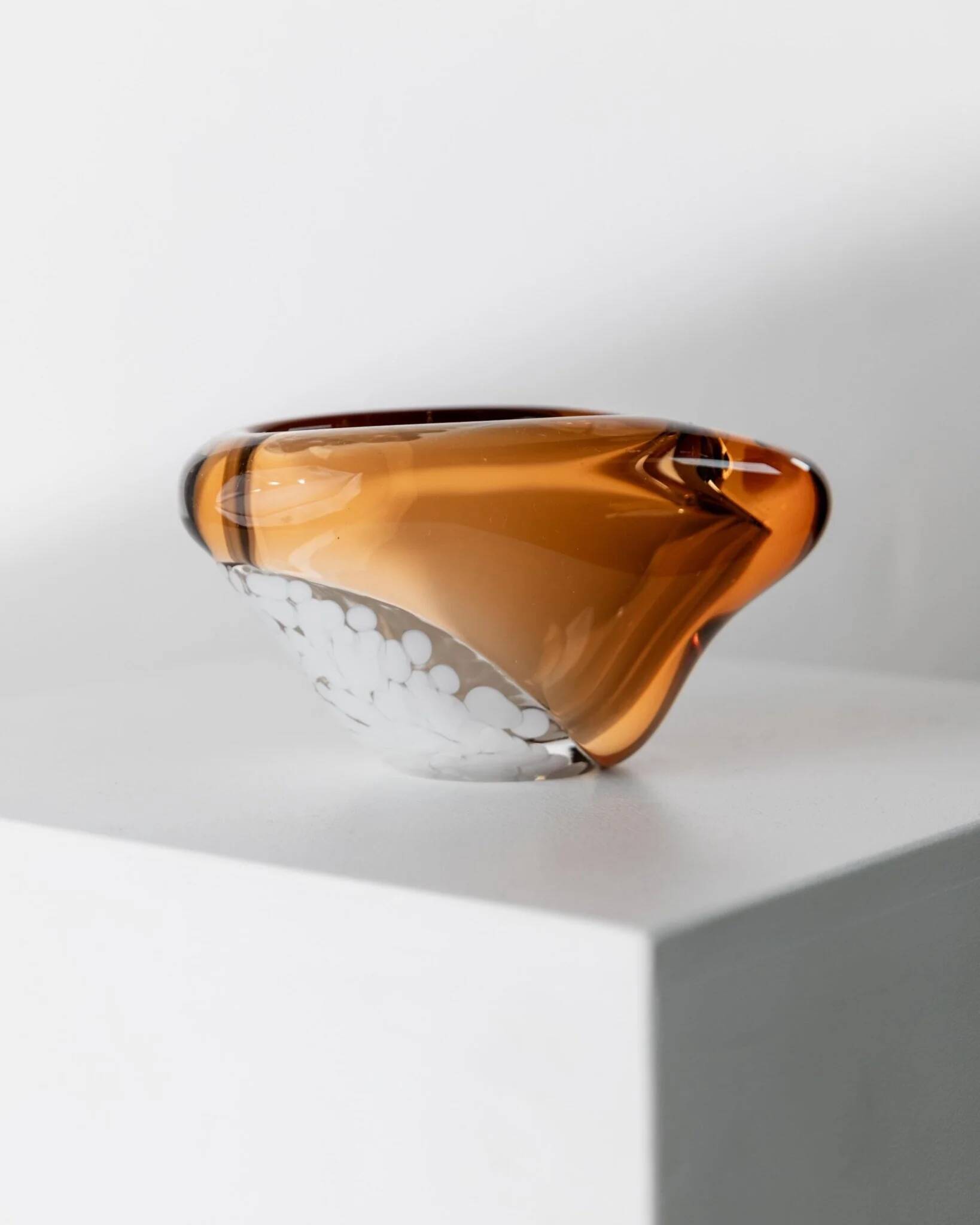 Vintage glass ashtray - Pavel Stejskal for Beranek Skrdlovice, Czech glass from the 1970s, orange with white spots.