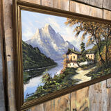 Tableau huile sur toile l. guerny vue rivière en montagne avec cadre doré