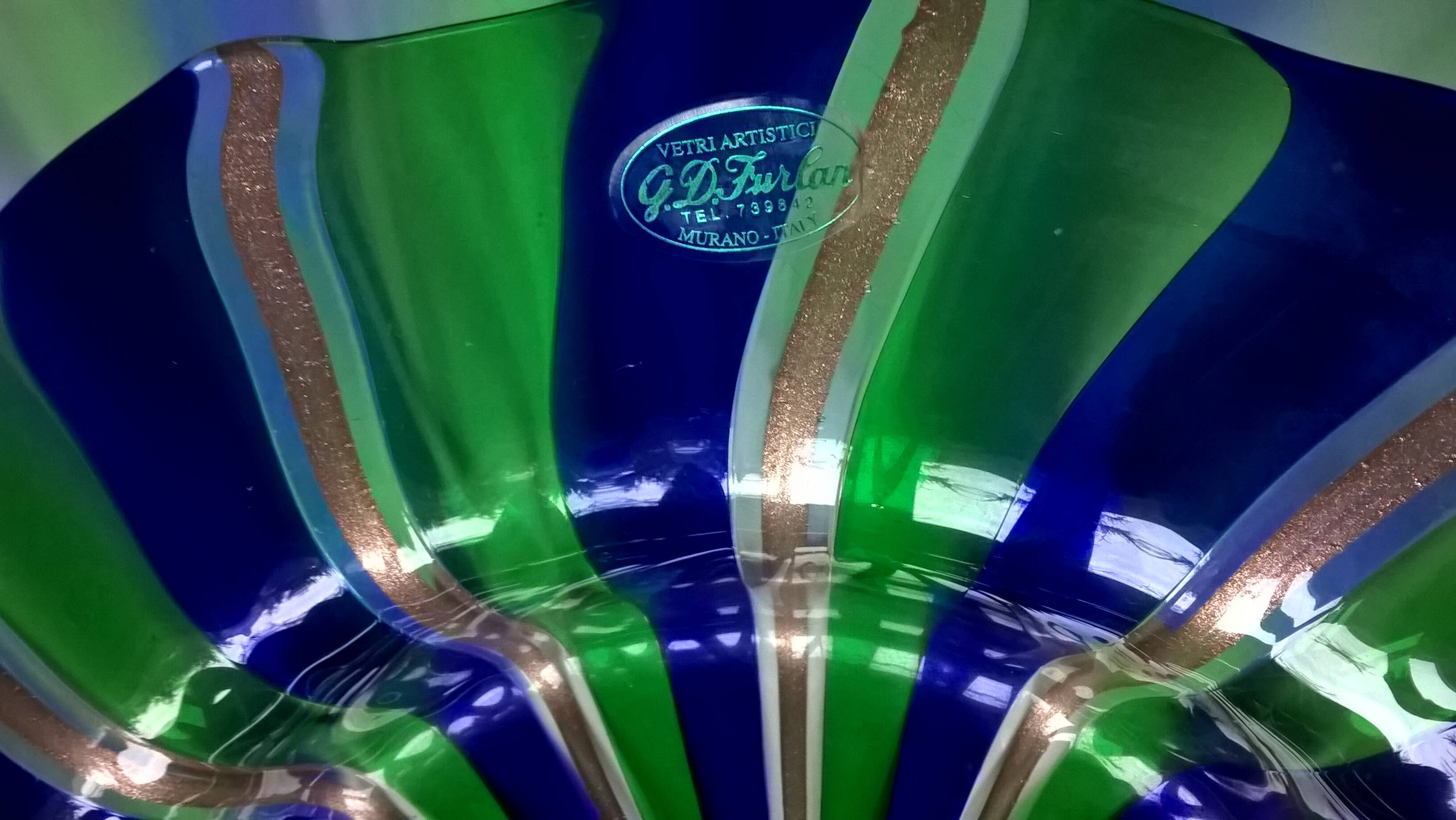Centerpiece, vintage fruit bowl in murano glass blue green gold furlan