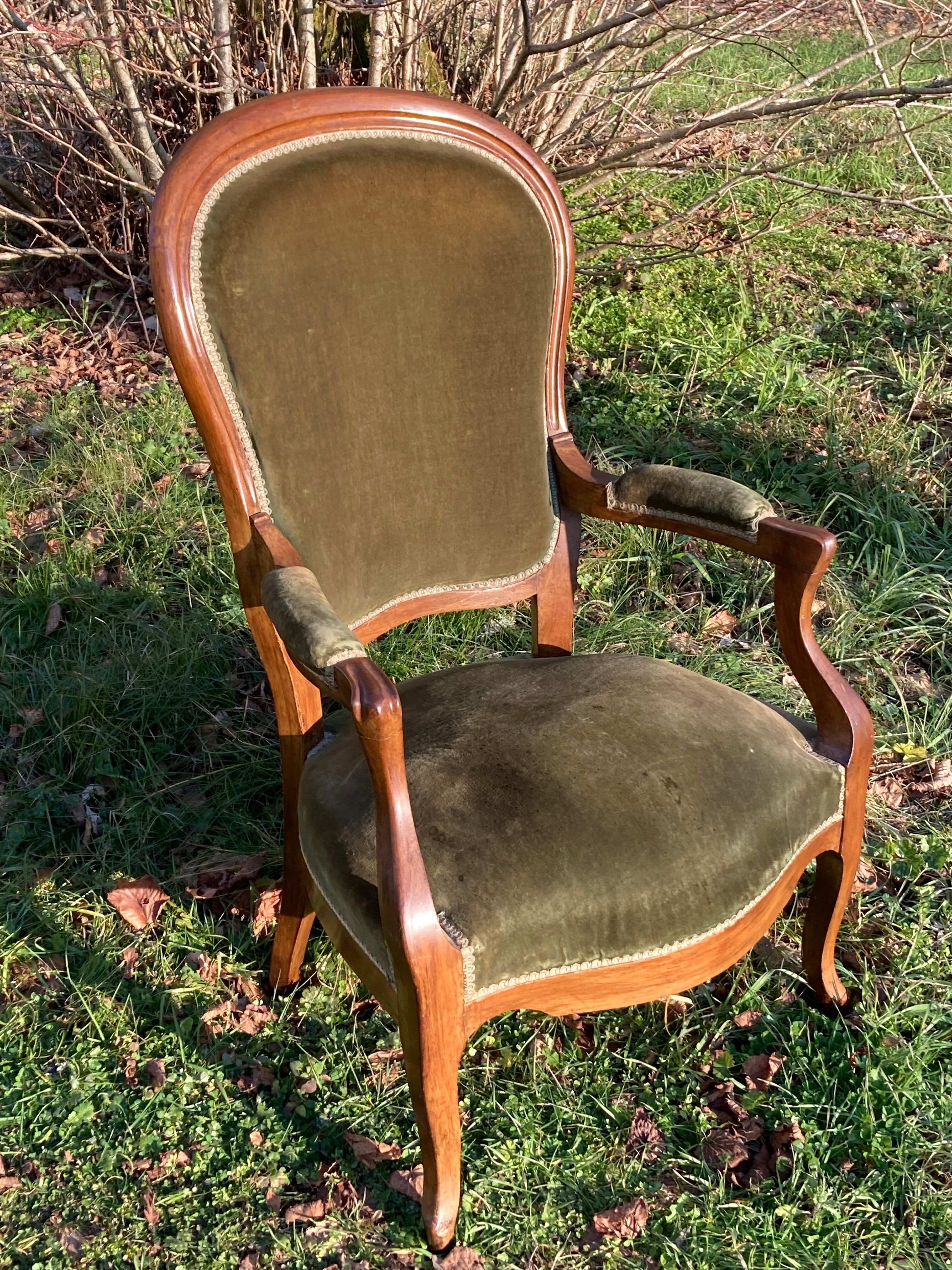 Armchair Voltaire Louis Philippe in wood green velvet XIX