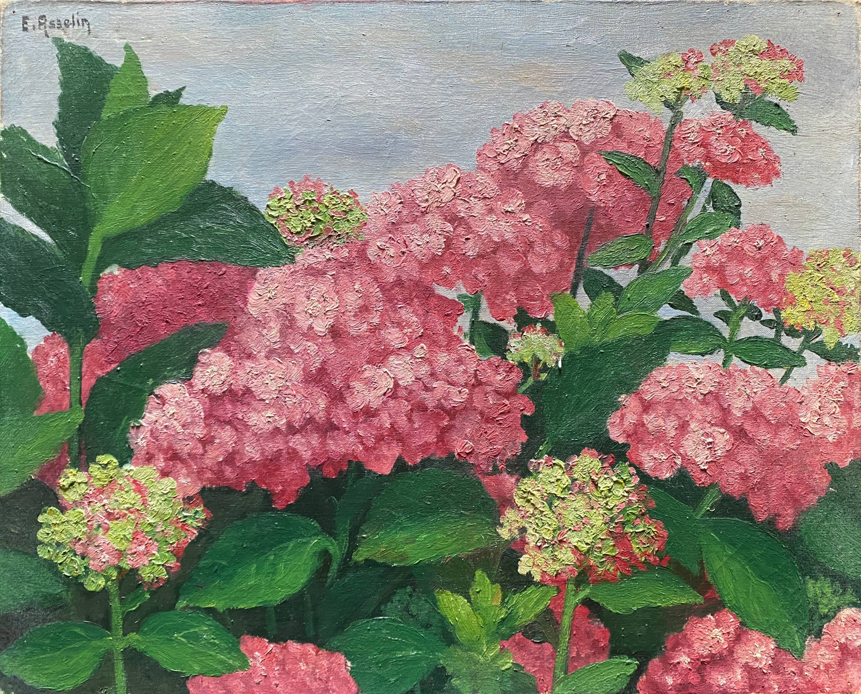 HST painting "Hydrangea Grove" signed E. Asselin mid-20th century