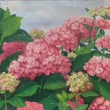 HST painting "Hydrangea Grove" signed E. Asselin mid-20th century