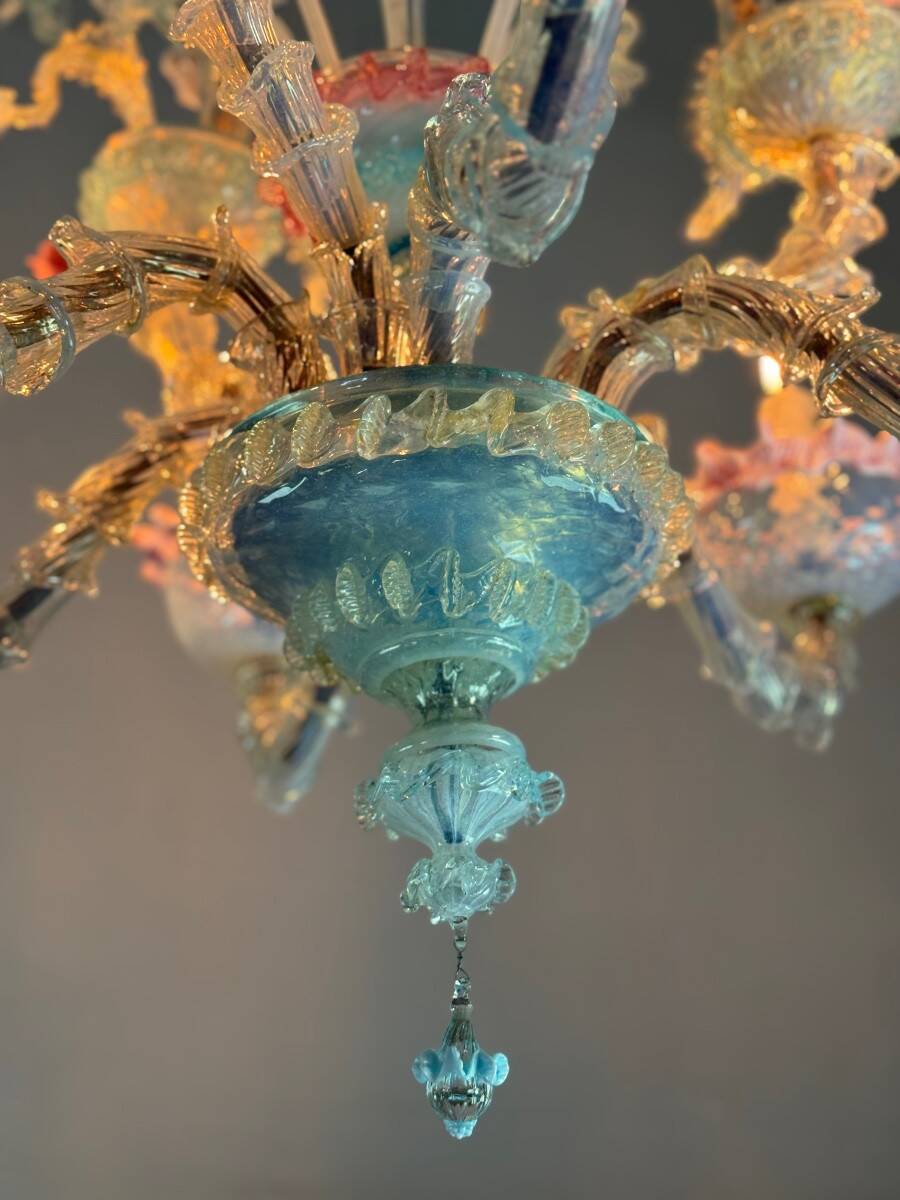 Venetian Rezzonico chandelier in multi-colored Murano glass, circa 1900