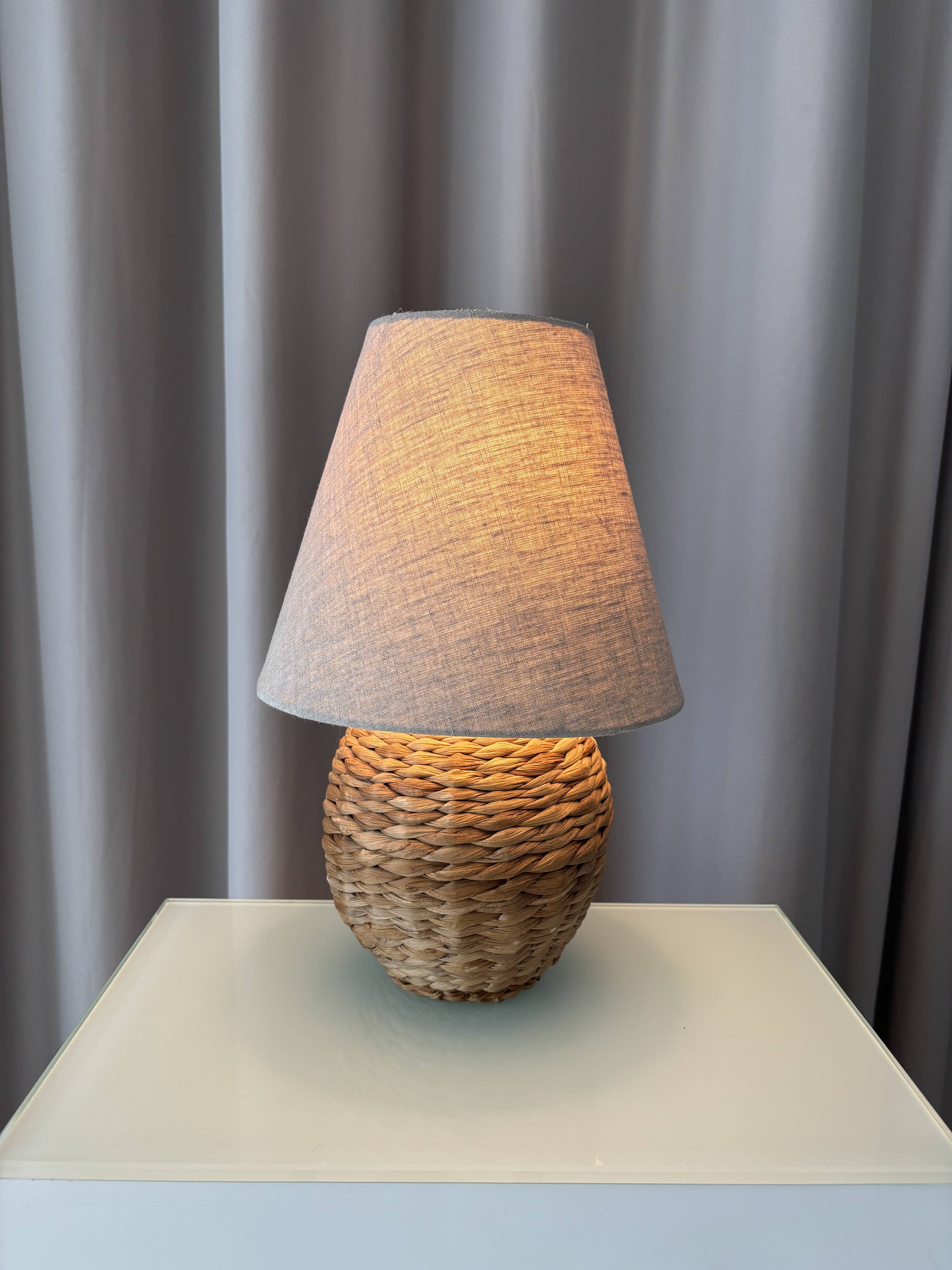 Vintage Woven Rattan Table Lamp with Linen Shade