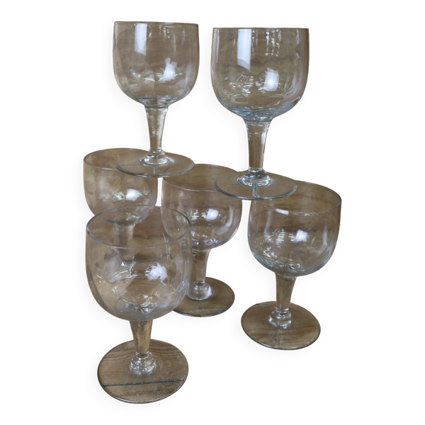 6 verres à vin à pied soufflés main transparent, 1950