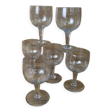 6 verres à vin à pied soufflés main transparent, 1950