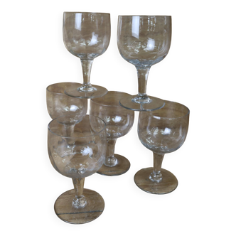 6 Antique Hand Blown Clear Faceted Red Wine Glasses 50's