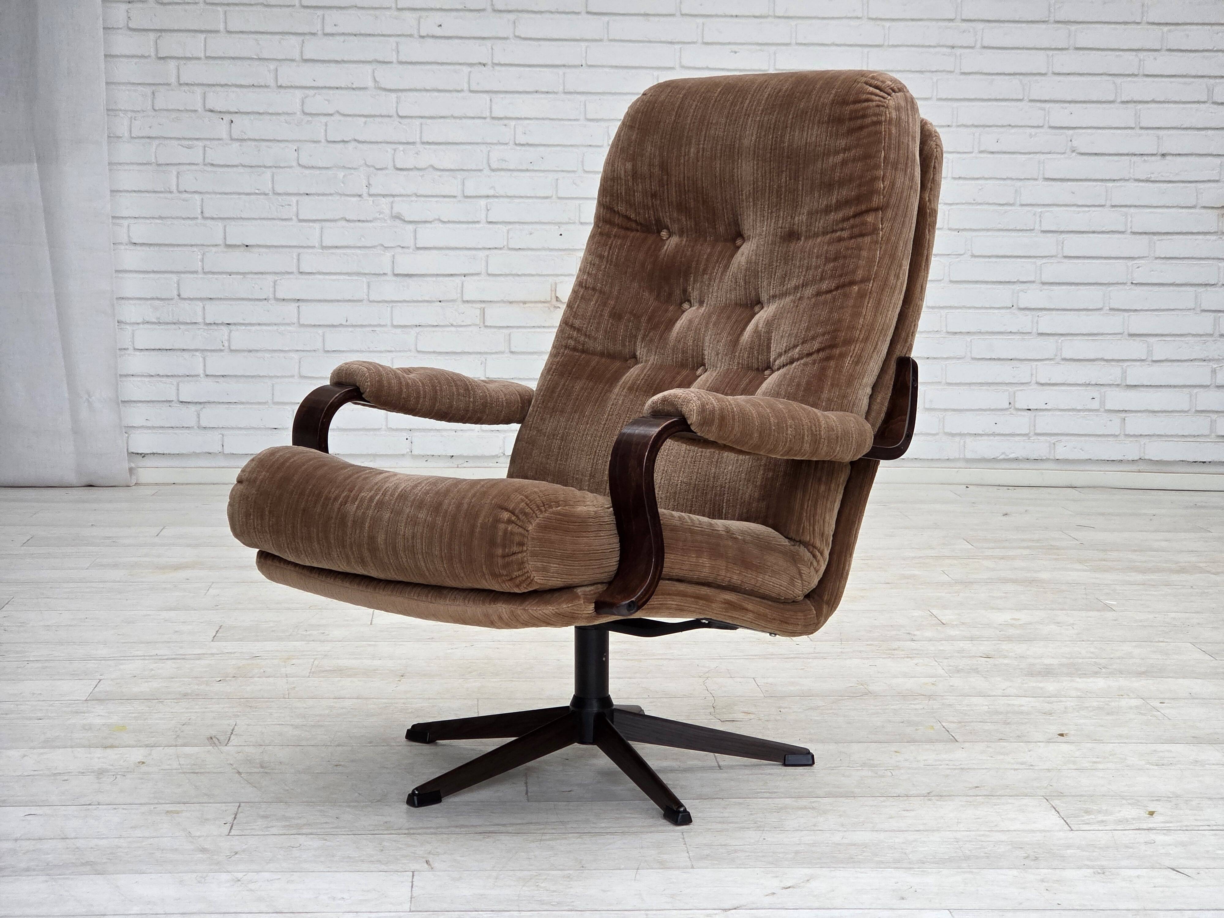 1970s, Danish swivel armchair, furniture corduroy, dark beech wood.