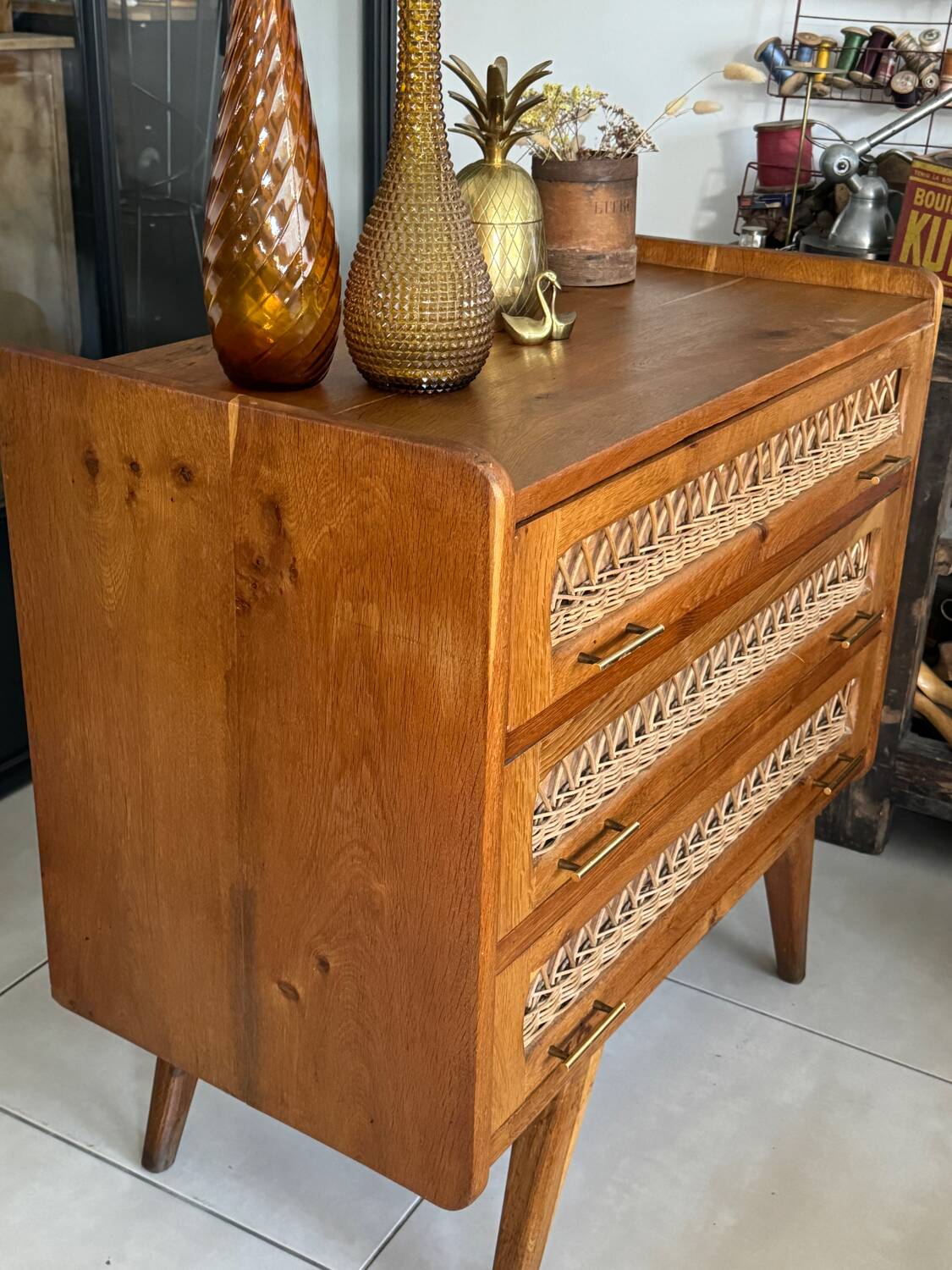 Old vintage wooden and rattan chest of drawers