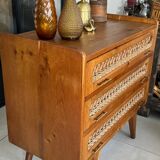 Old vintage wooden and rattan chest of drawers