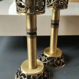 Pair of Hebrew Candlesticks. In antique gold-plated brass. Signed FFS Israel