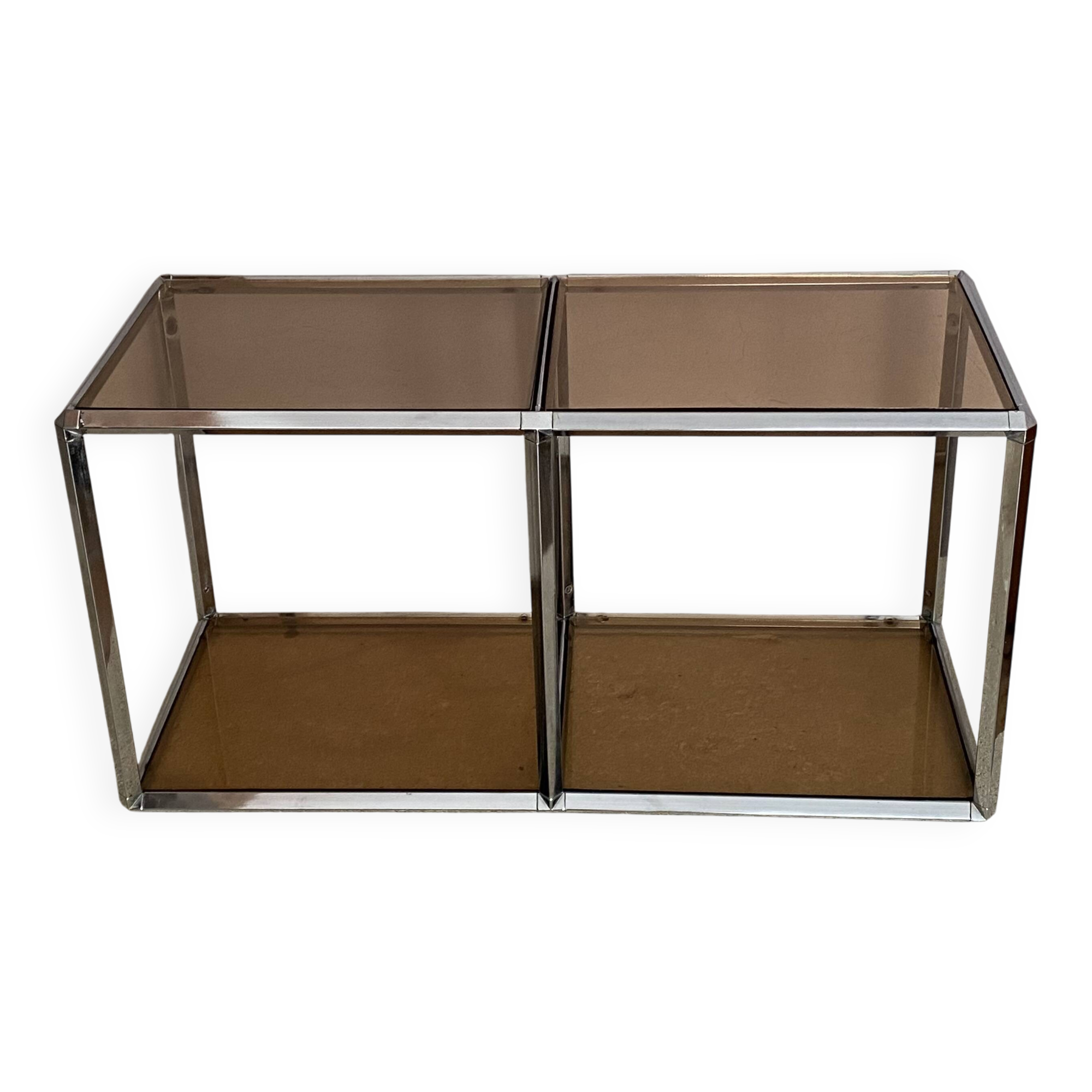 Table basse 2 modules. Chrome et plexiglas. 1970. Space age.