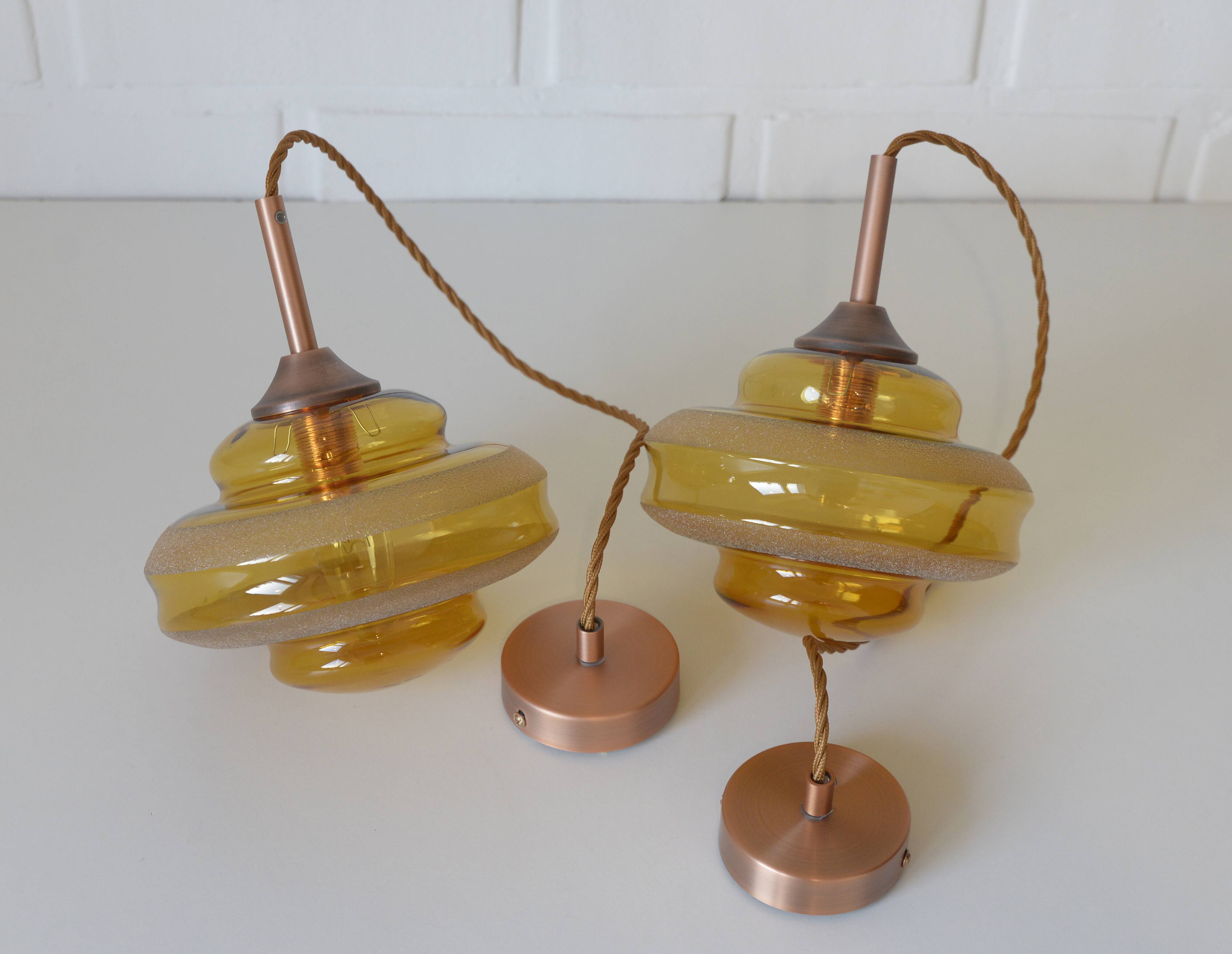 1 of 2 hand blown amber glass pendant lamp / redesign vintage hanging light