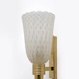 Pair of Mid-century Modern Italian Brass and Pulegoso Murano Glass Sconces