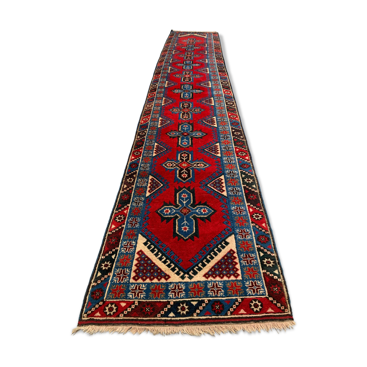Turkish runner 490x88 cm tribal rug, red, beige, blue, vintage