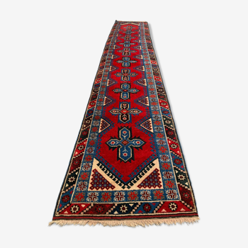 Turkish runner 490x88 cm tribal rug, red, beige, blue, vintage