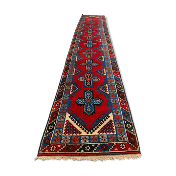 Turkish runner 490x88 cm tribal rug, red, beige, blue, vintage