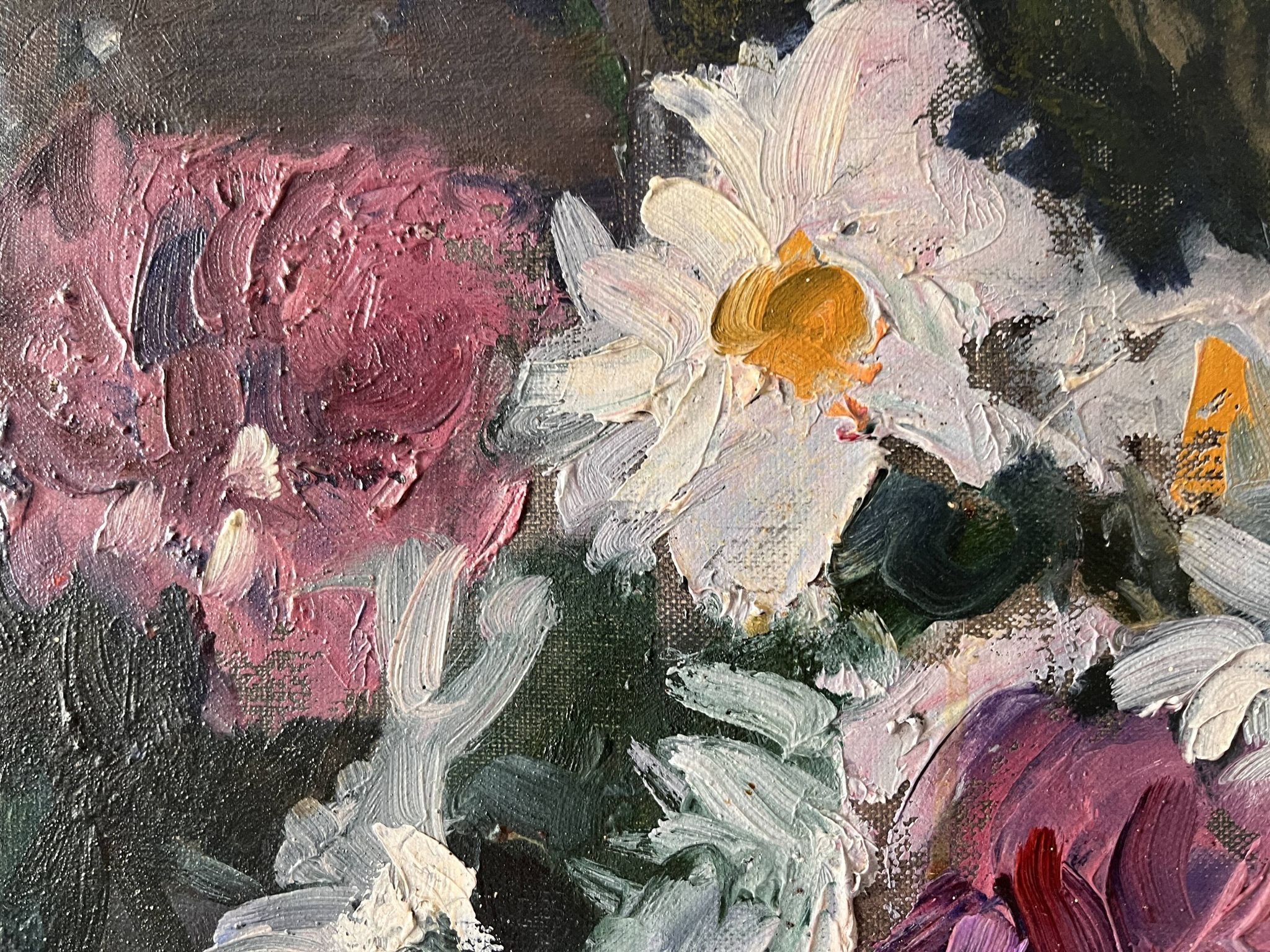 Large oil on canvas of a still life with flowers 1929, antique painting.