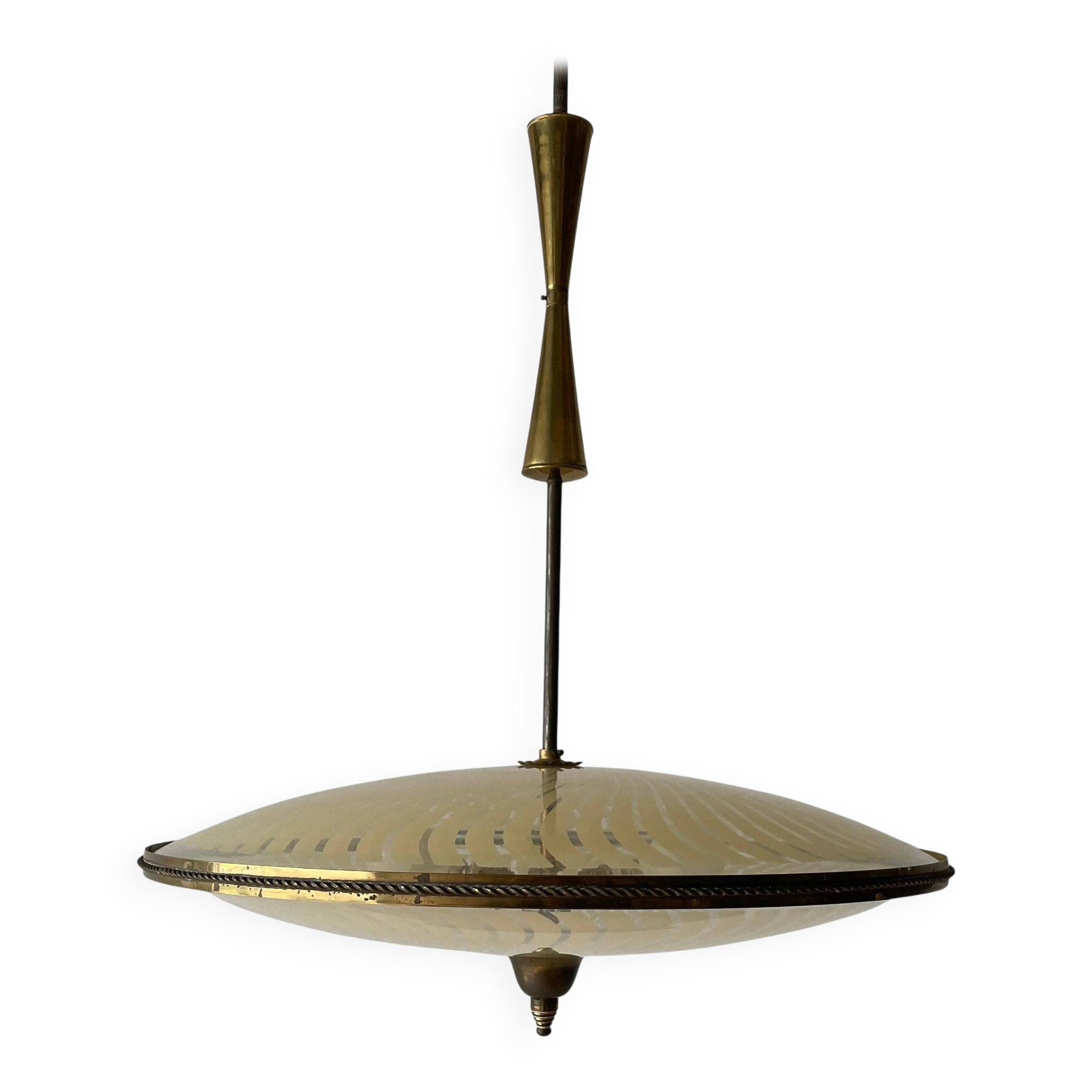 Large UFO design ceiling light in brass and printed glass, 1950s, Italy.
