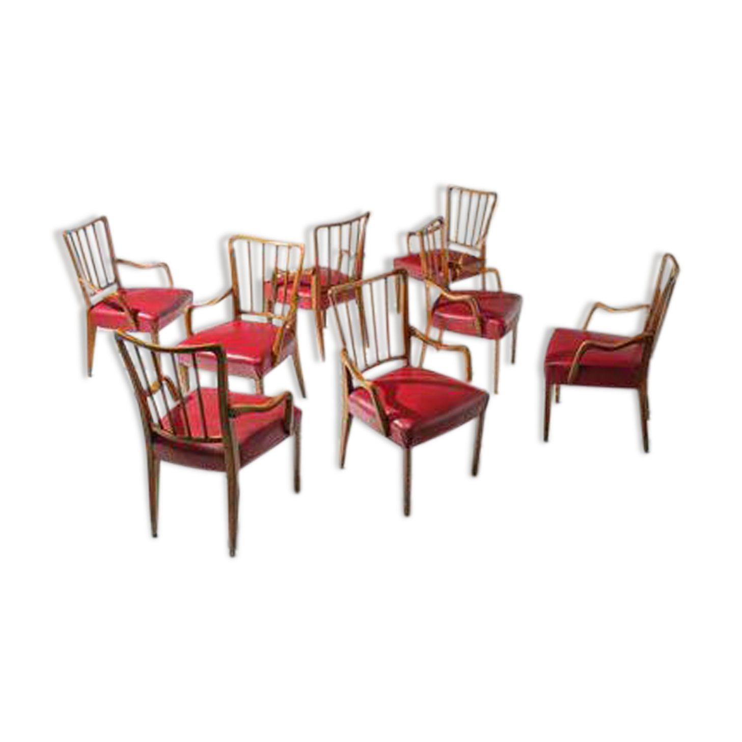 Austrian Dining Chairs in Walnut and Red Leather by Oswald Haerdtl from the Mid-Century