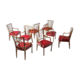 Austrian Dining Chairs in Walnut and Red Leather by Oswald Haerdtl from the Mid-Century