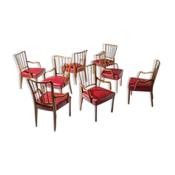 Austrian Dining Chairs in Walnut and Red Leather by Oswald Haerdtl from the Mid-Century
