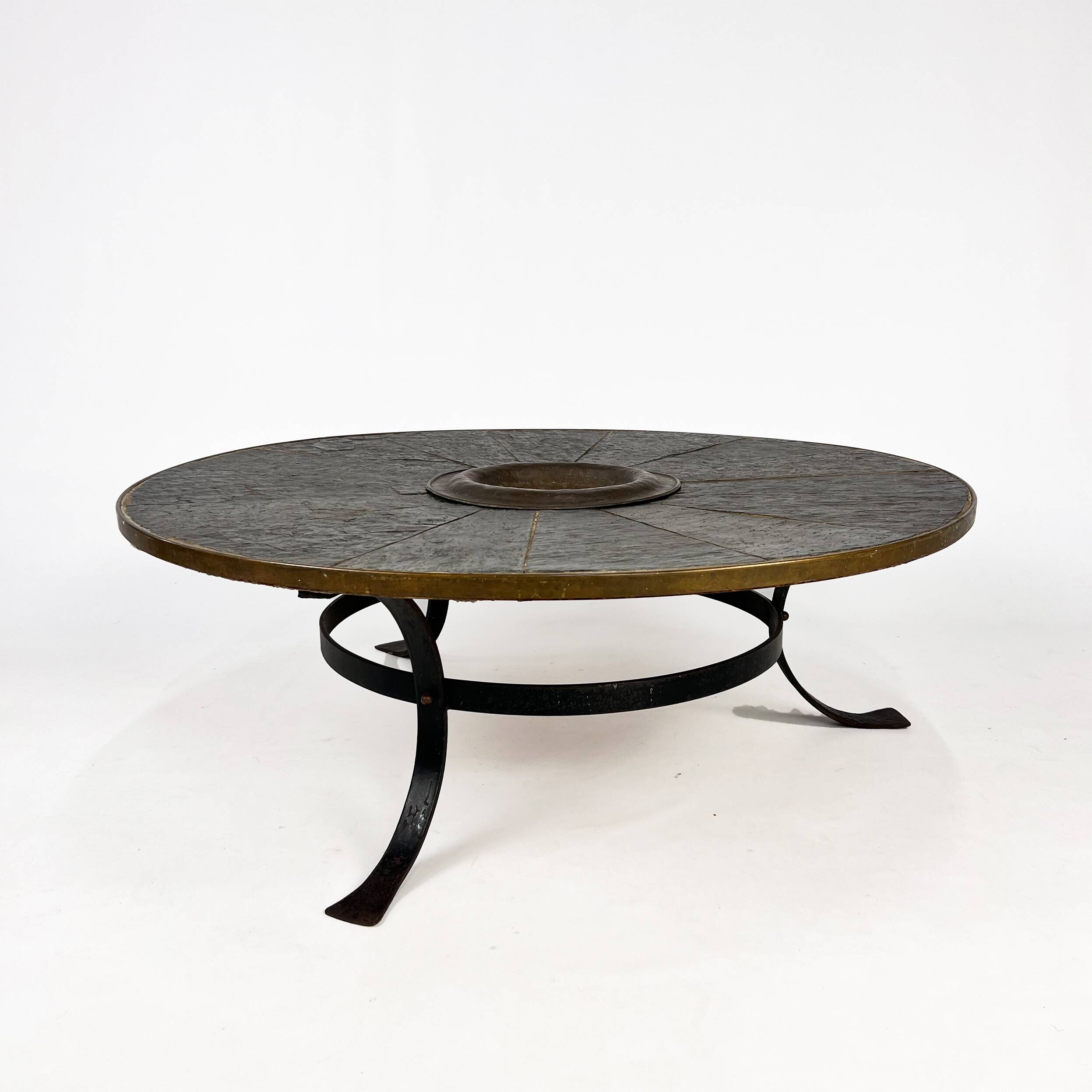 Large brutalist steel and slate coffee table, 1960s