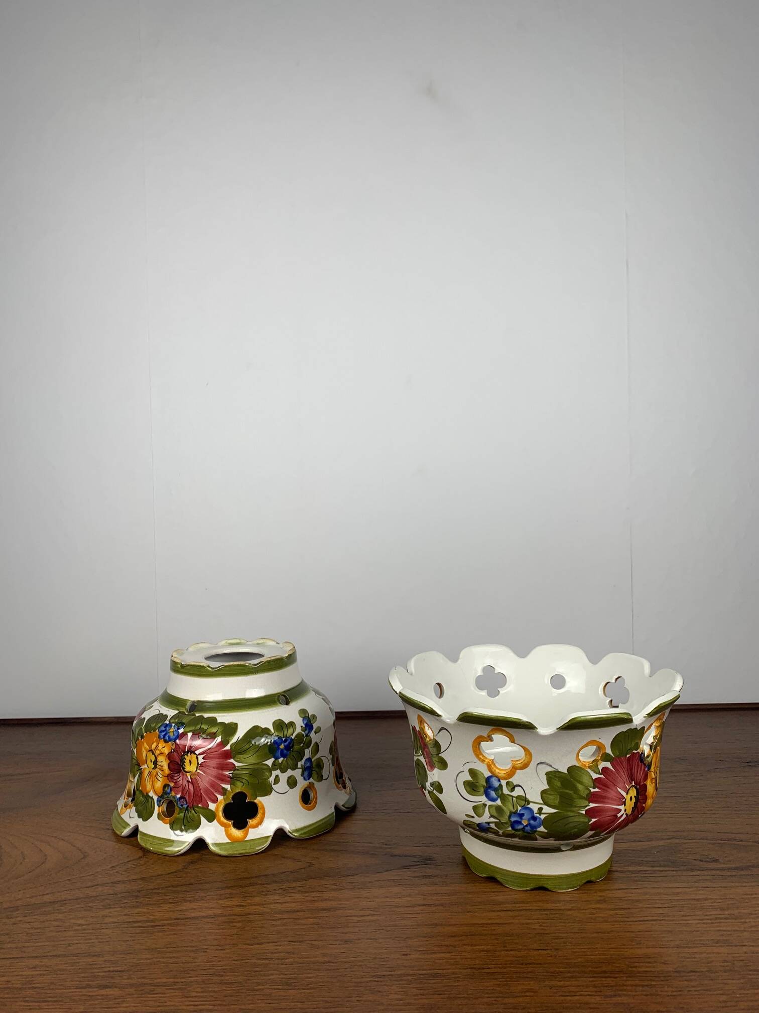 Pair of hand-painted ceramic pendant lights, 1980