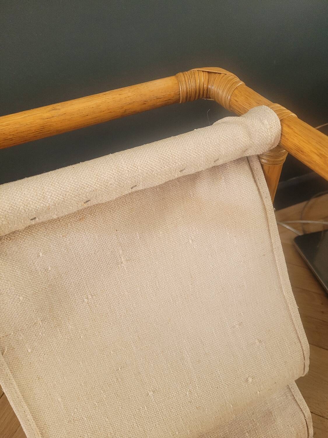 Vintage magazine rack made of bamboo, rattan and canvas