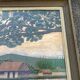 Large naive oil painting signed Medrano: rice field and buffalo, village with roofs of