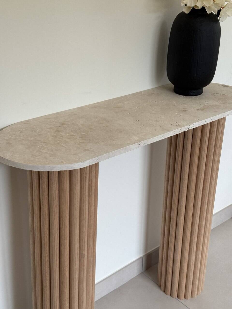 Travertine and wood console | raw oak