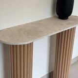 Travertine and wood console | raw oak