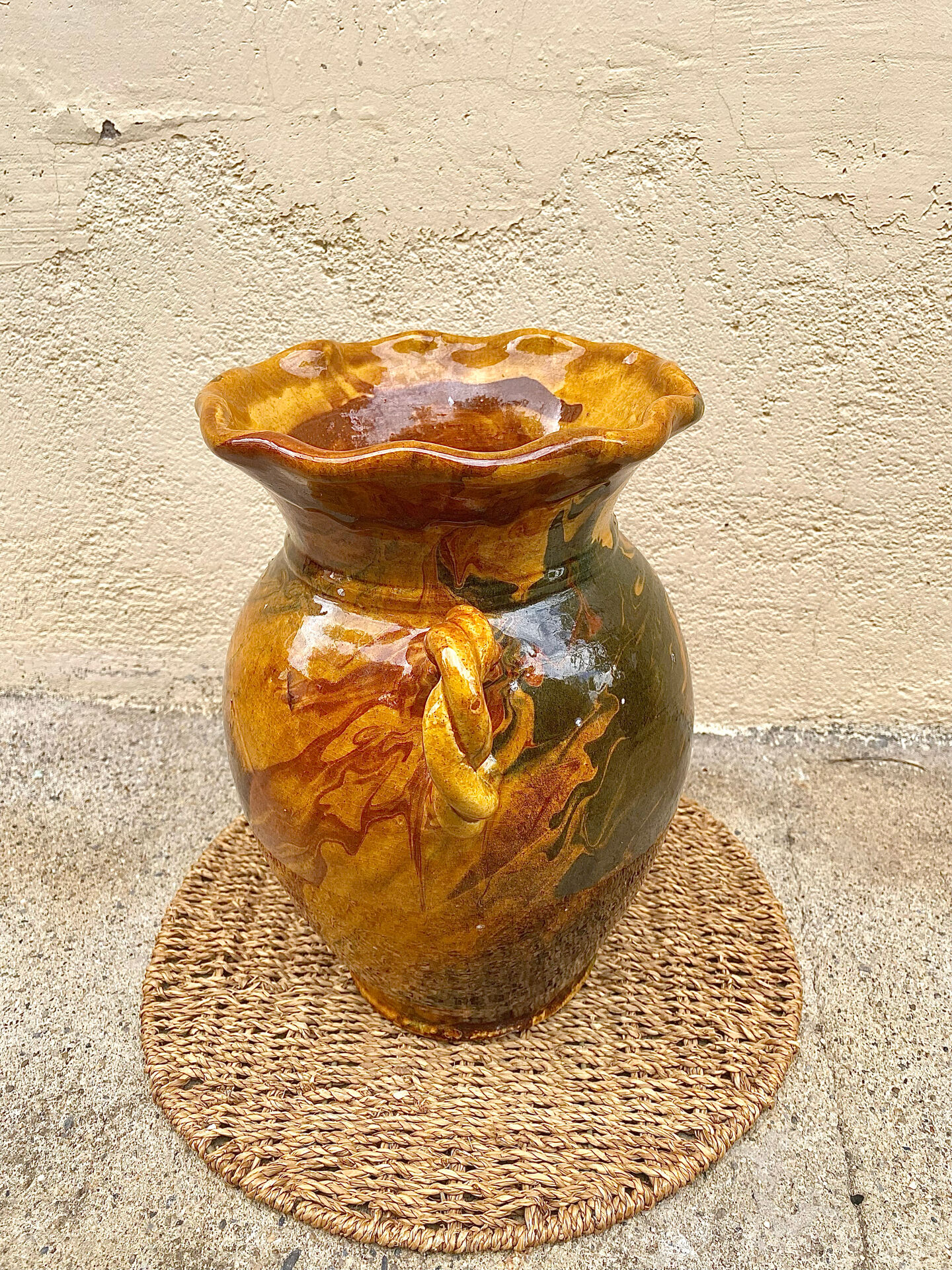 Ancient large vase in glazed speckled terracotta
