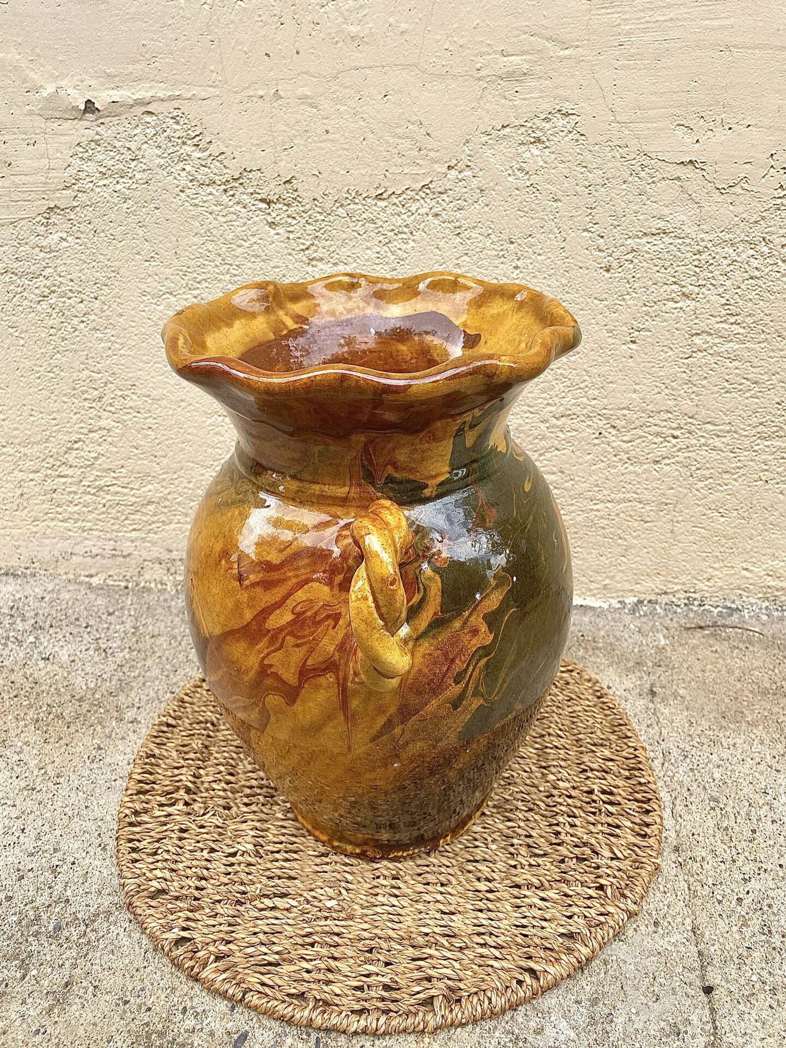 Ancient large vase in glazed speckled terracotta