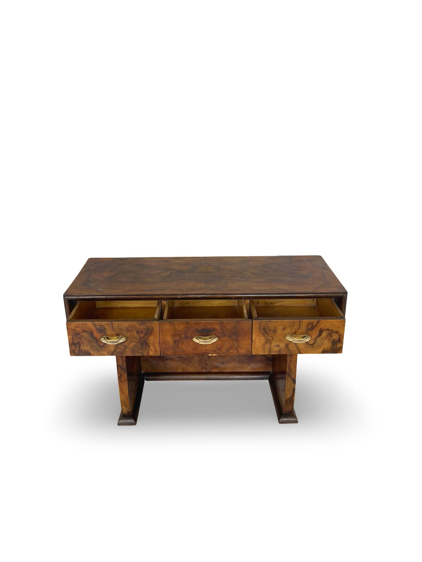 Italian burl walnut art deco console table, 1930s.