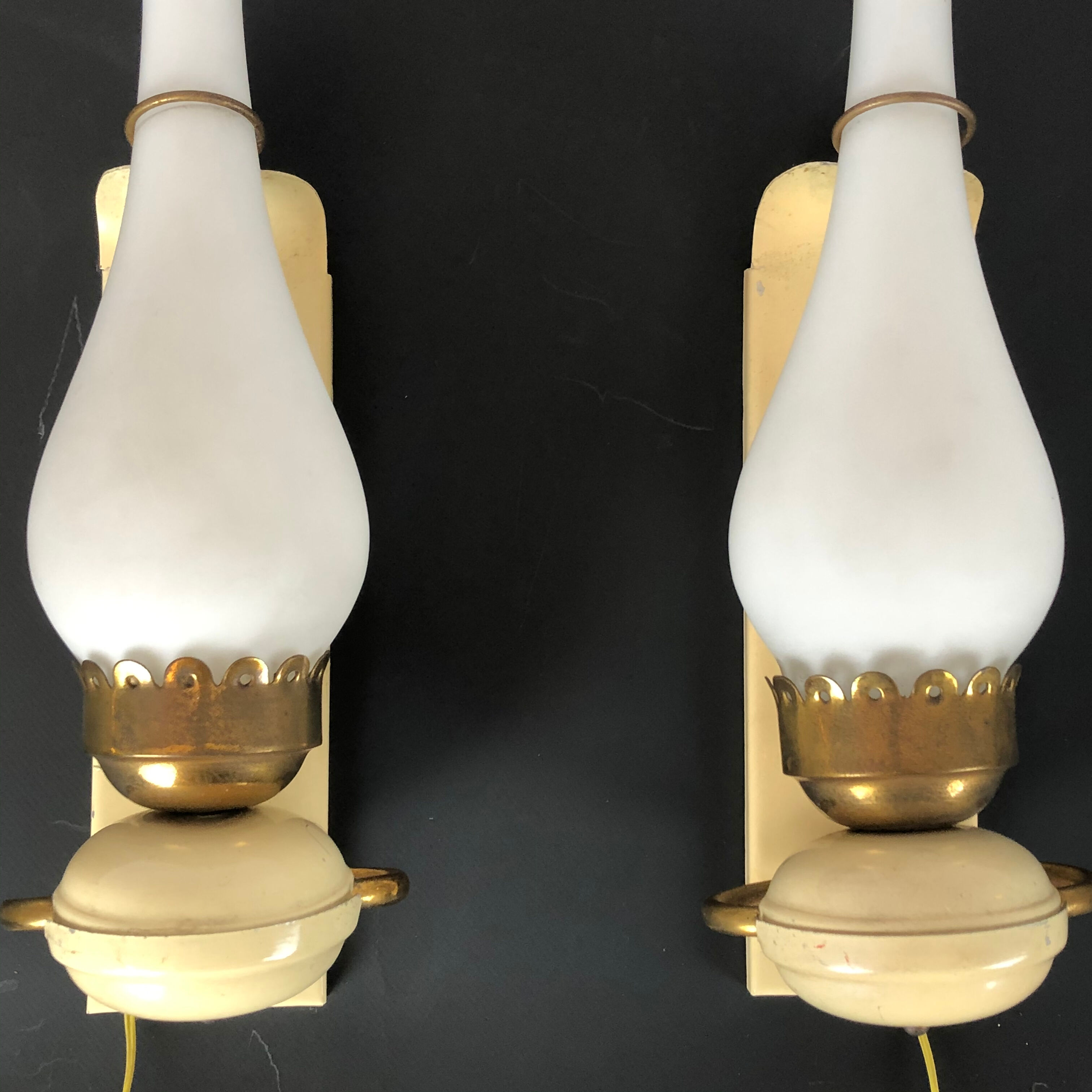 Vintage Italian brass, lacquer and opaline glass sconces from 50s. Set of two