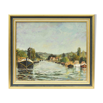 Oil on canvas Landscape village and river