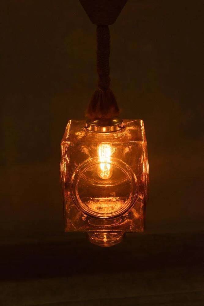 Japandi suspended glass lamp, vintage cubic bohemian glass lamp.