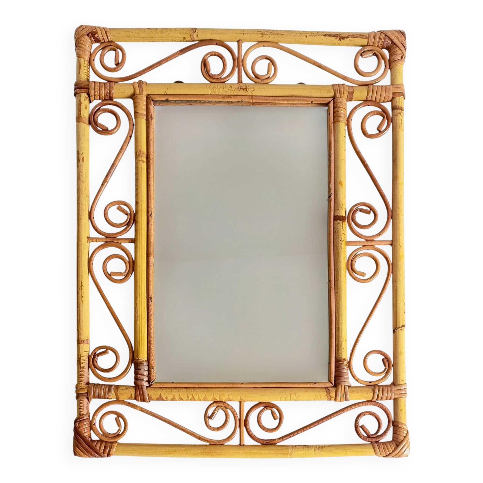 Vintage 1970s Spanish Handmade Bamboo and Rattan Wall Mirror