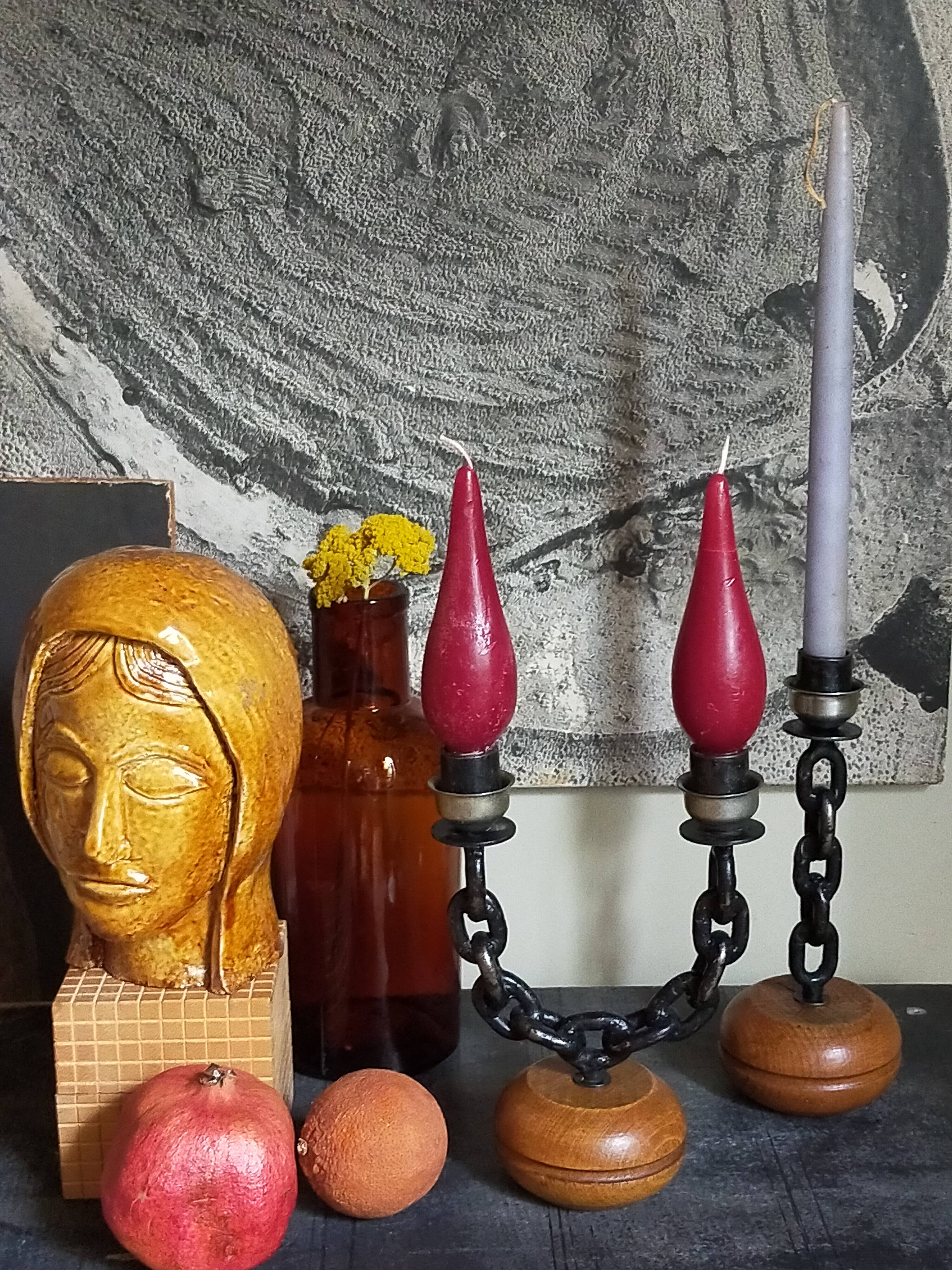 Duo of brutalist Art-popular candlesticks 50s